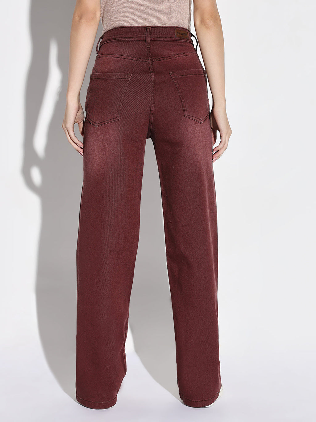 Women's Maroon Comfort High-Rise Wide Leg Light Fade Stretchable Jeans