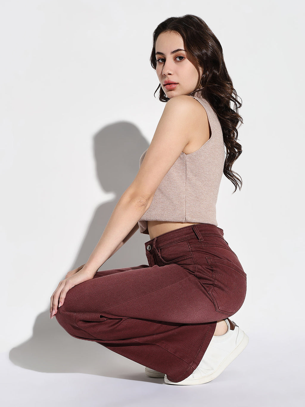 Women's Maroon Comfort High-Rise Wide Leg Light Fade Stretchable Jeans