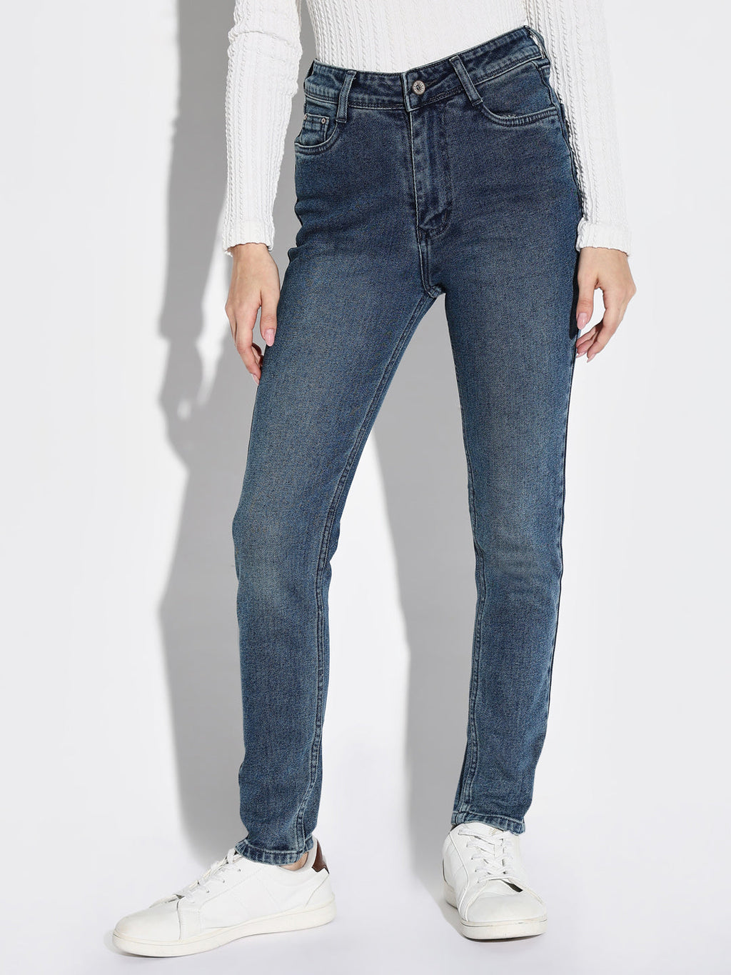 Women's Blue Mid-Rise Comfort Slim Fit Light Fade Acid Wash Stretchable Jeans