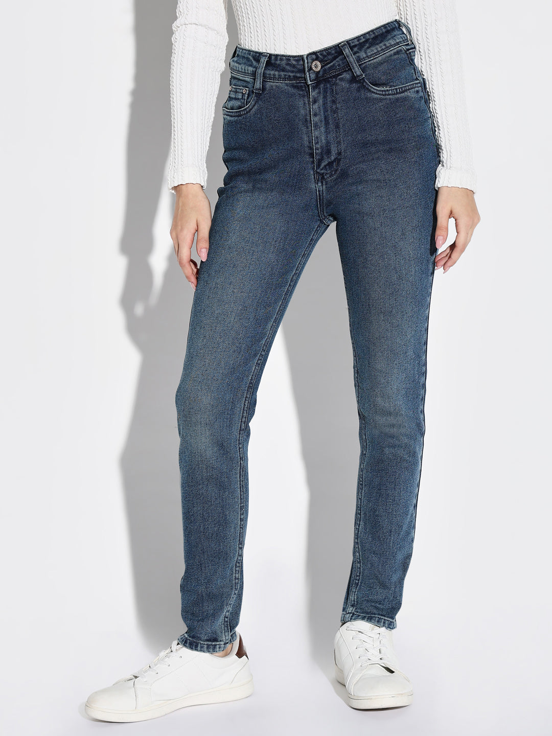 Women's Blue Mid-Rise Comfort Slim Fit Light Fade Acid Wash Stretchable Jeans