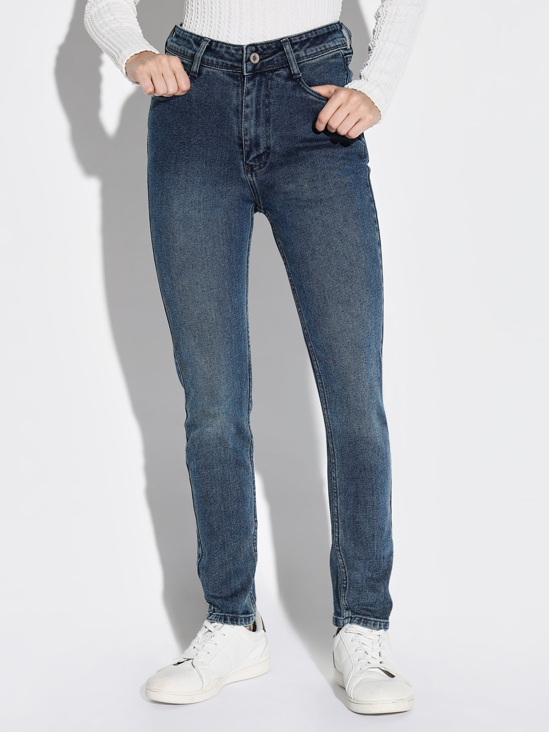 Women's Blue Mid-Rise Comfort Slim Fit Light Fade Acid Wash Stretchable Jeans