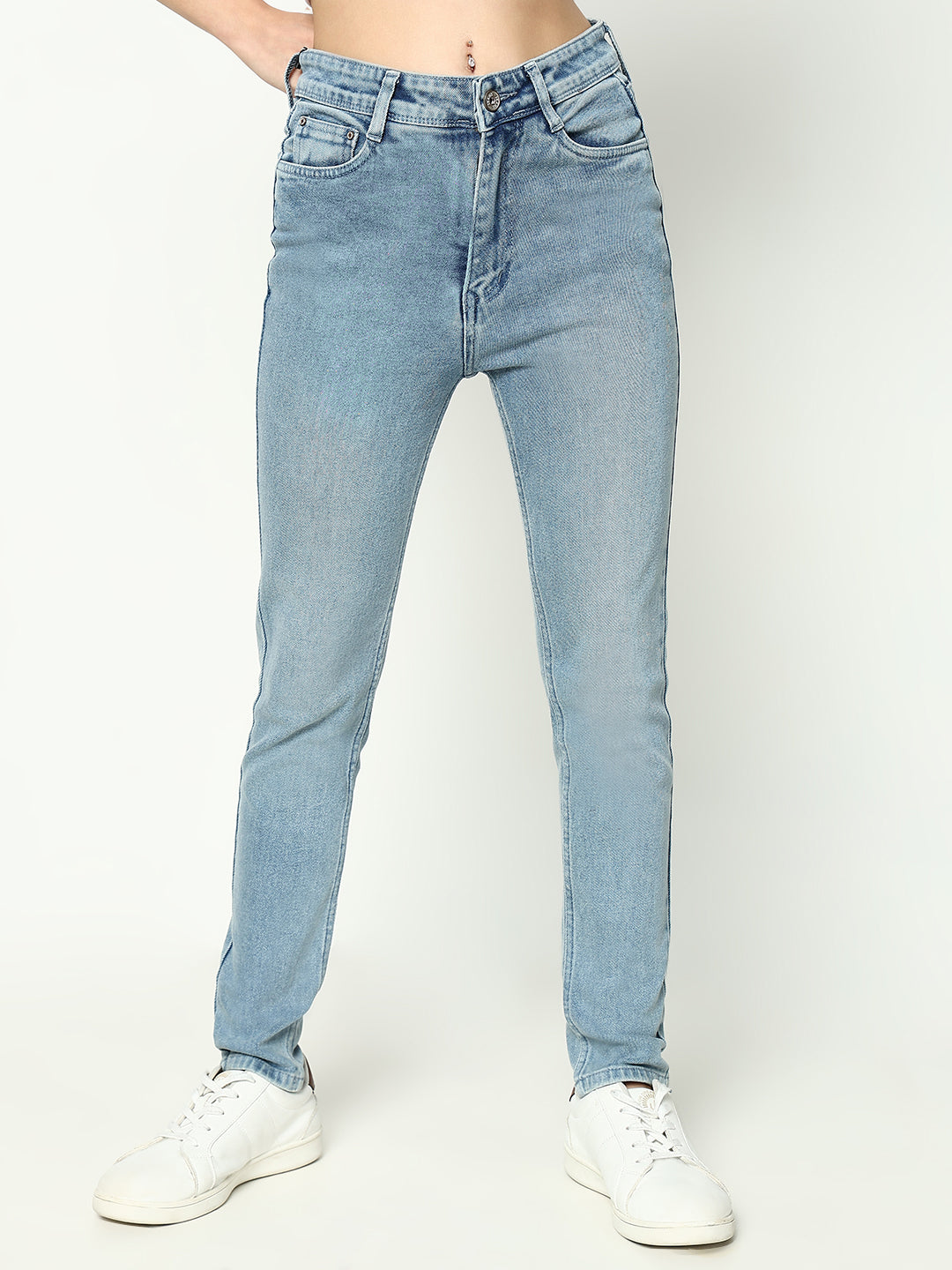 Women's Blue Comfort Slim Fit Light Fade Acid Wash Stretchable Mid-Rise Jeans