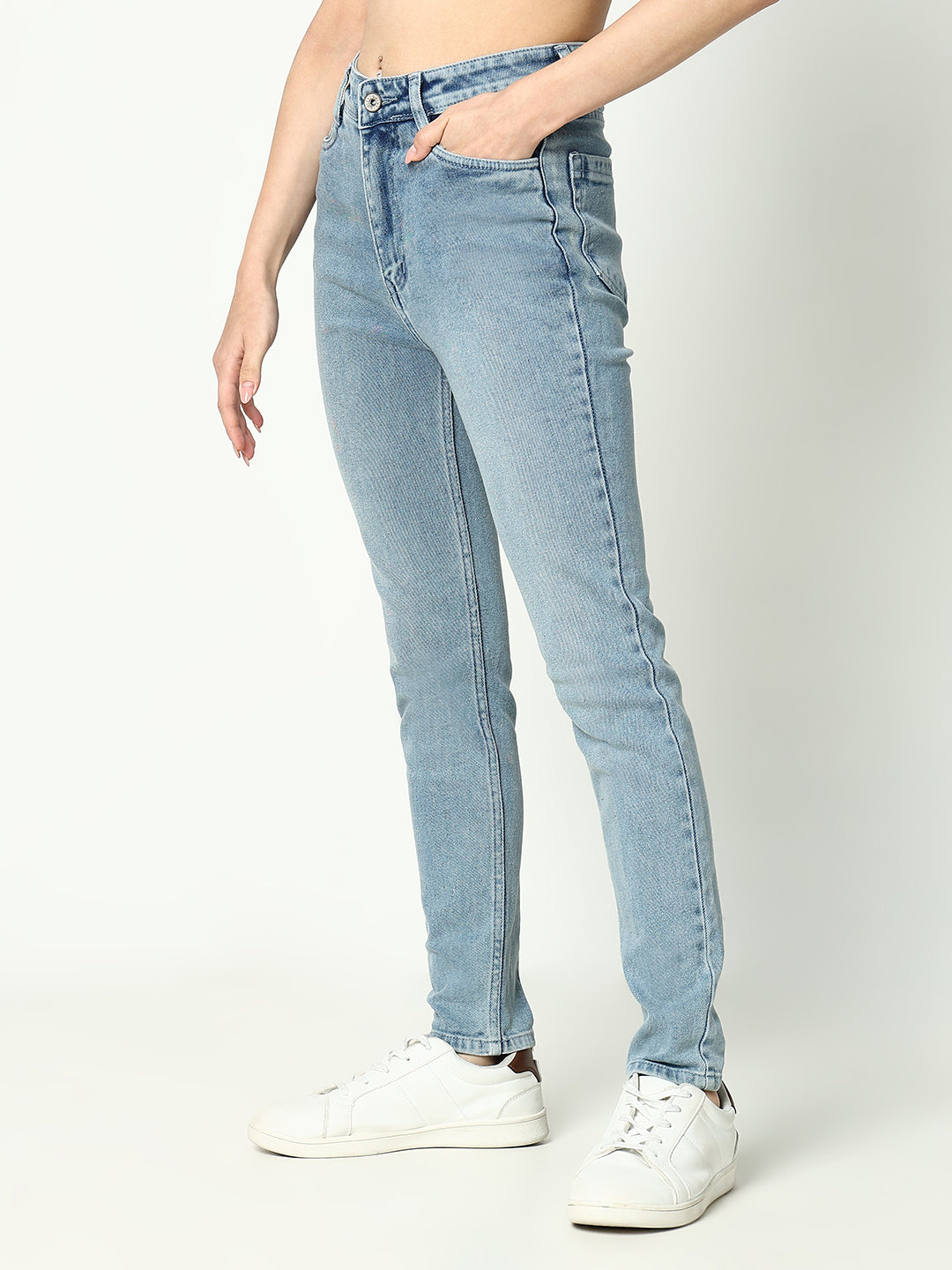 Women's Blue Comfort Slim Fit Light Fade Acid Wash Stretchable Mid-Rise Jeans