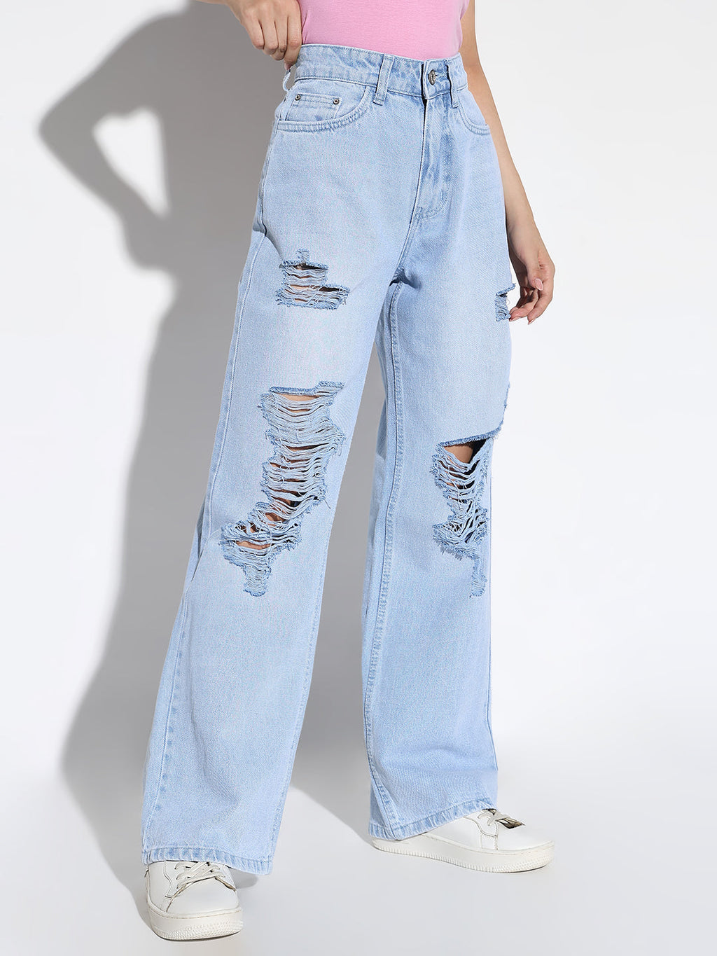 Women's Blue Comfort Wide Leg Highly Distressed Light Fade Denim Jeans