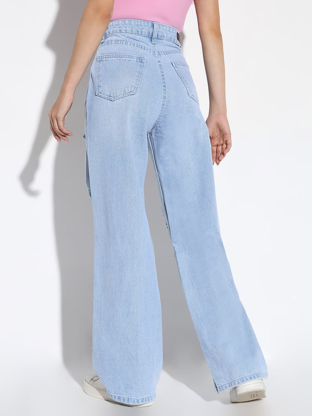 Women's Blue Comfort Wide Leg Highly Distressed Light Fade Denim Jeans