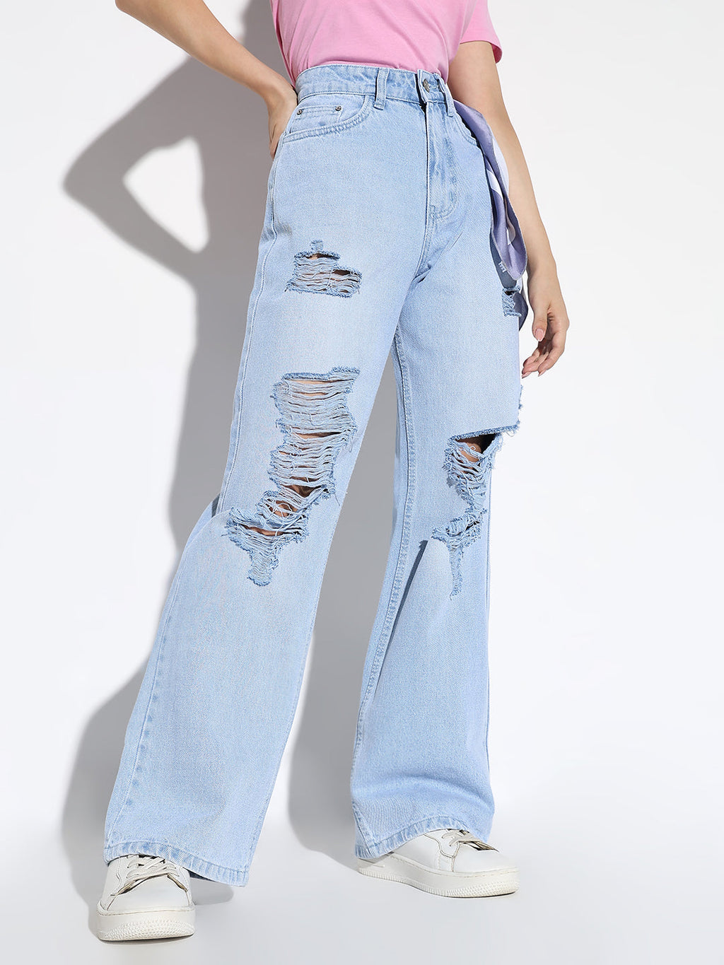 Women's Blue Comfort Wide Leg Highly Distressed Light Fade Denim Jeans