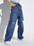Women's Blue Comfort Wide Leg Low Distress Light Fade Acid Wash Stretchable Jeans