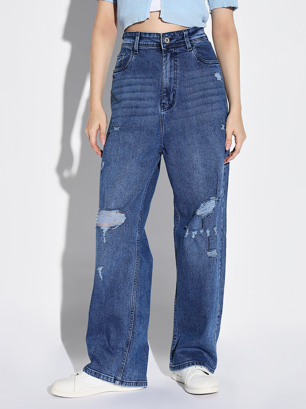 Women's Blue Comfort Wide Leg Low Distress Light Fade Acid Wash Stretchable Jeans