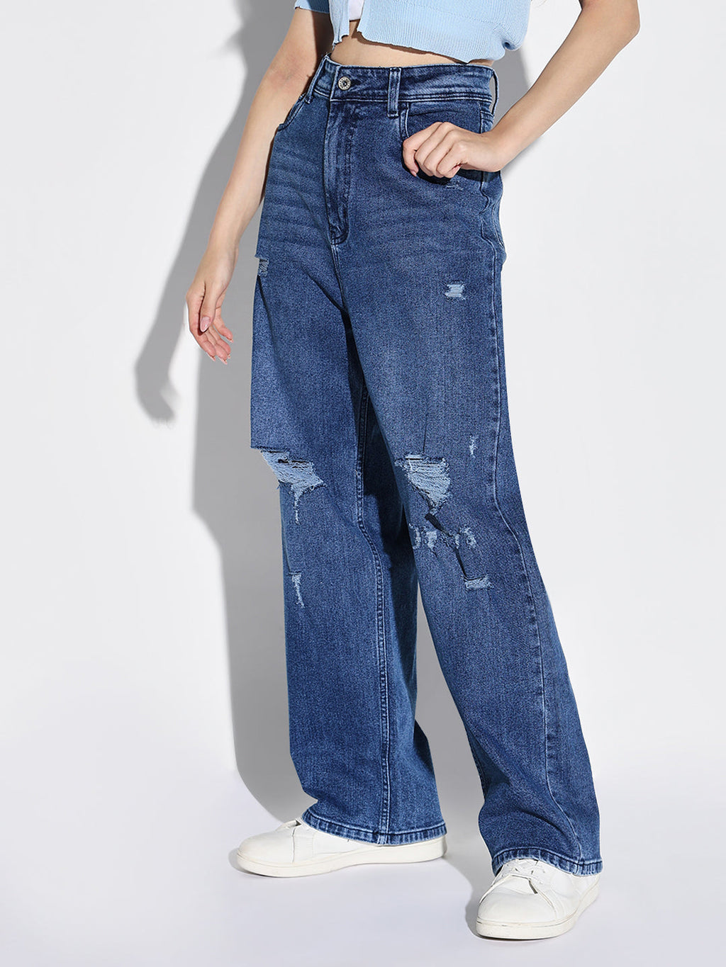 Women's Blue Comfort Wide Leg Low Distress Light Fade Acid Wash Stretchable Jeans