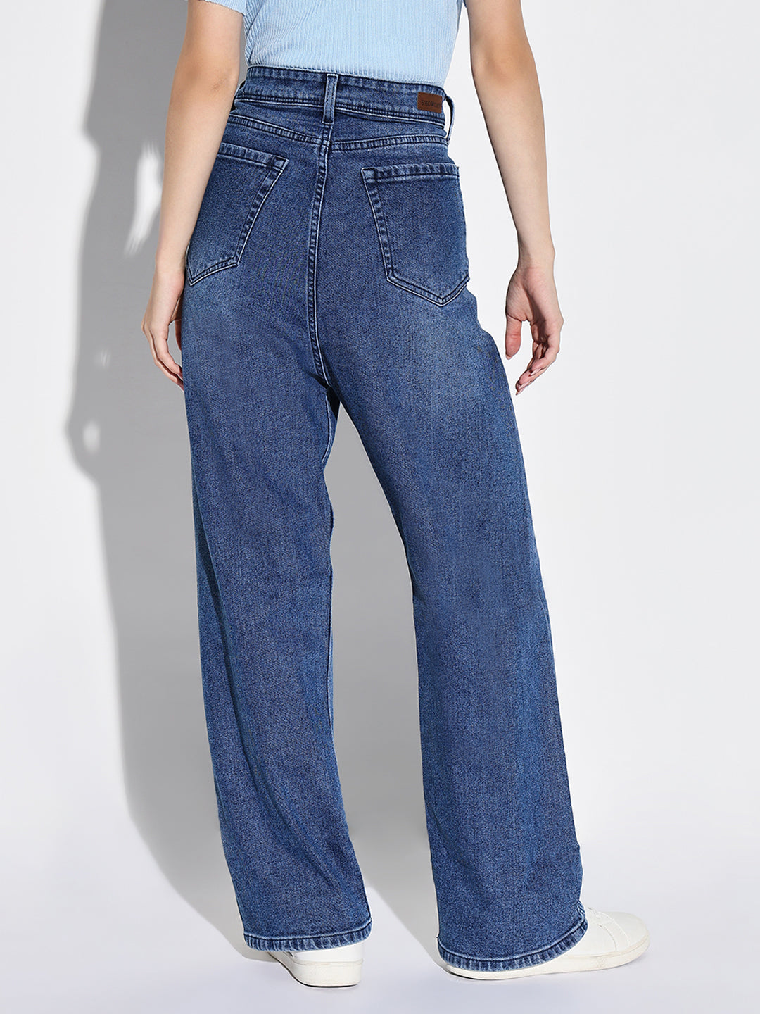 Women's Blue Comfort Wide Leg Low Distress Light Fade Acid Wash Stretchable Jeans