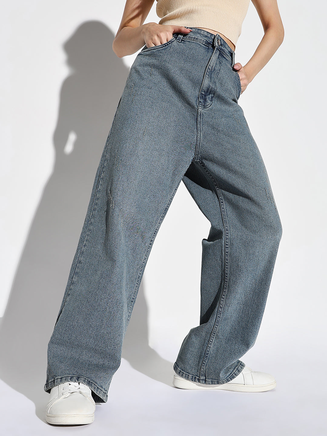 Women's Blue Comfort Wide Leg Low Distress Light Fade Acid Wash Stretchable Jeans
