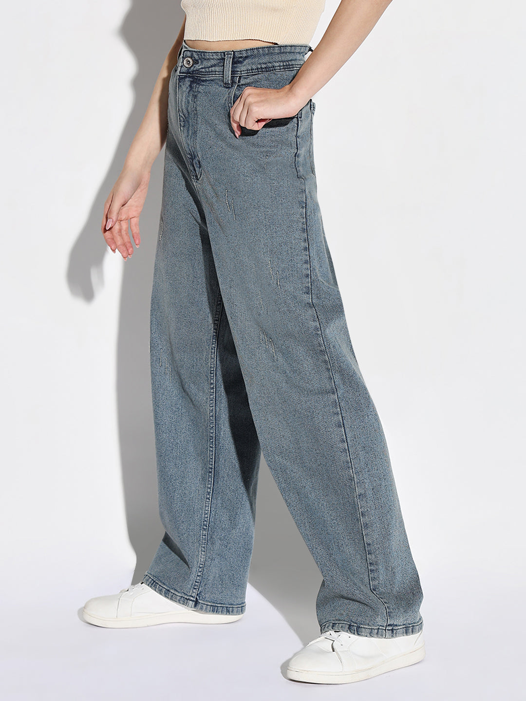 Women's Blue Comfort Wide Leg Low Distress Light Fade Acid Wash Stretchable Jeans