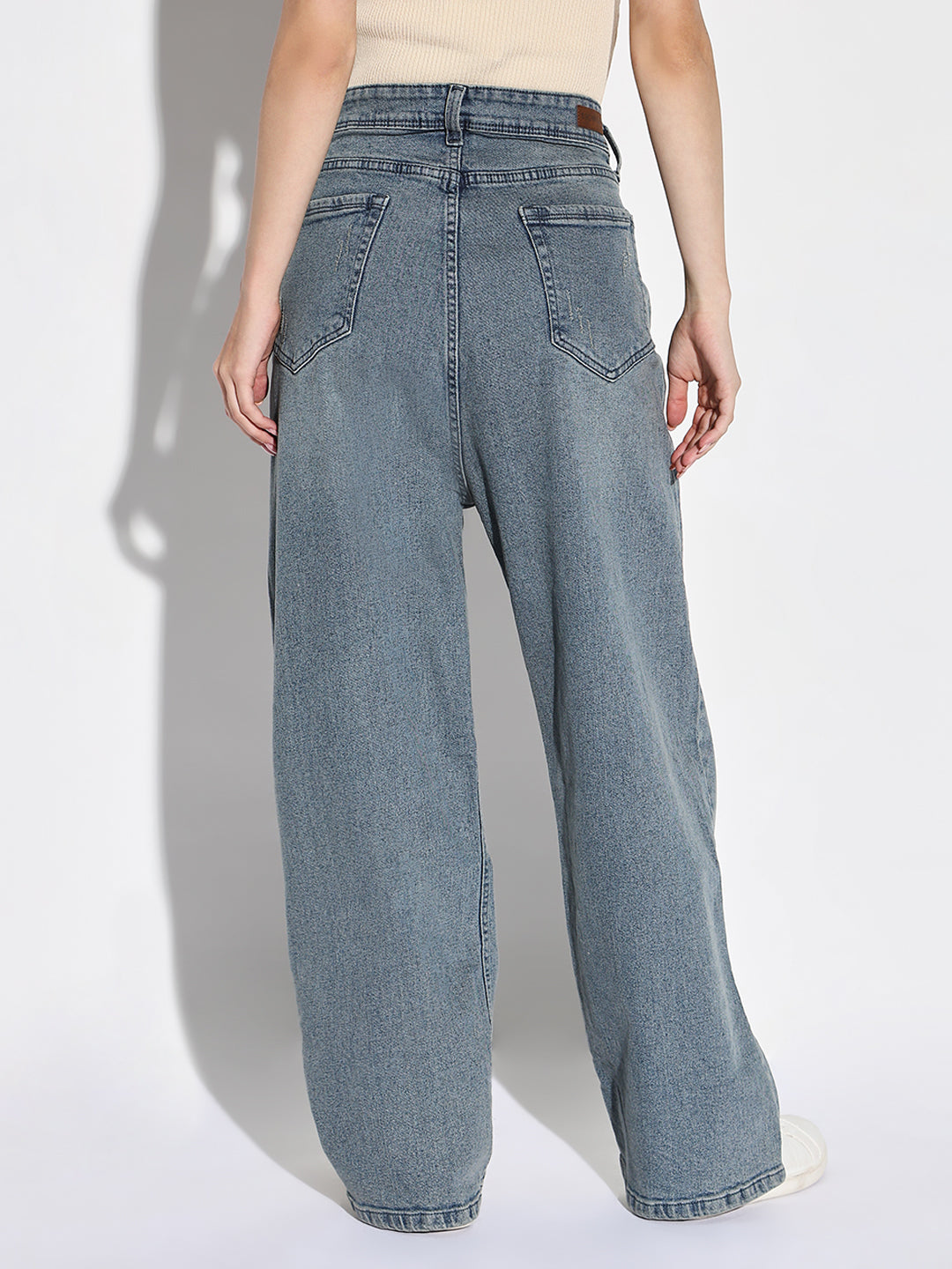 Women's Blue Comfort Wide Leg Low Distress Light Fade Acid Wash Stretchable Jeans