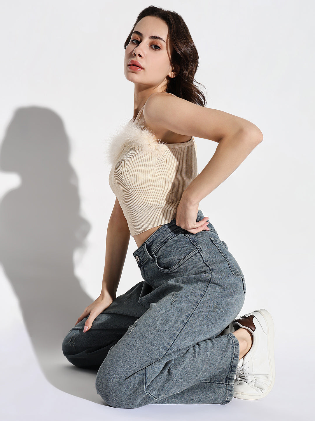 Women's Blue Comfort Wide Leg Low Distress Light Fade Acid Wash Stretchable Jeans
