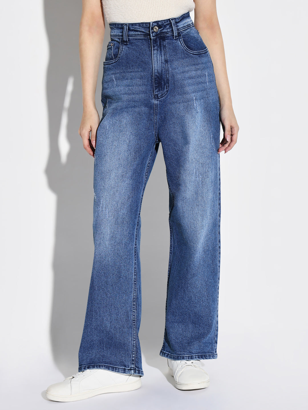 Women's Blue Comfort Wide Leg Low Distress Light Fade Acid Wash Stretchable Jeans