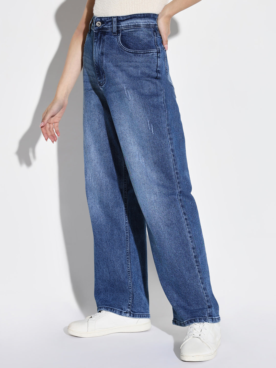 Women's Blue Comfort Wide Leg Low Distress Light Fade Acid Wash Stretchable Jeans