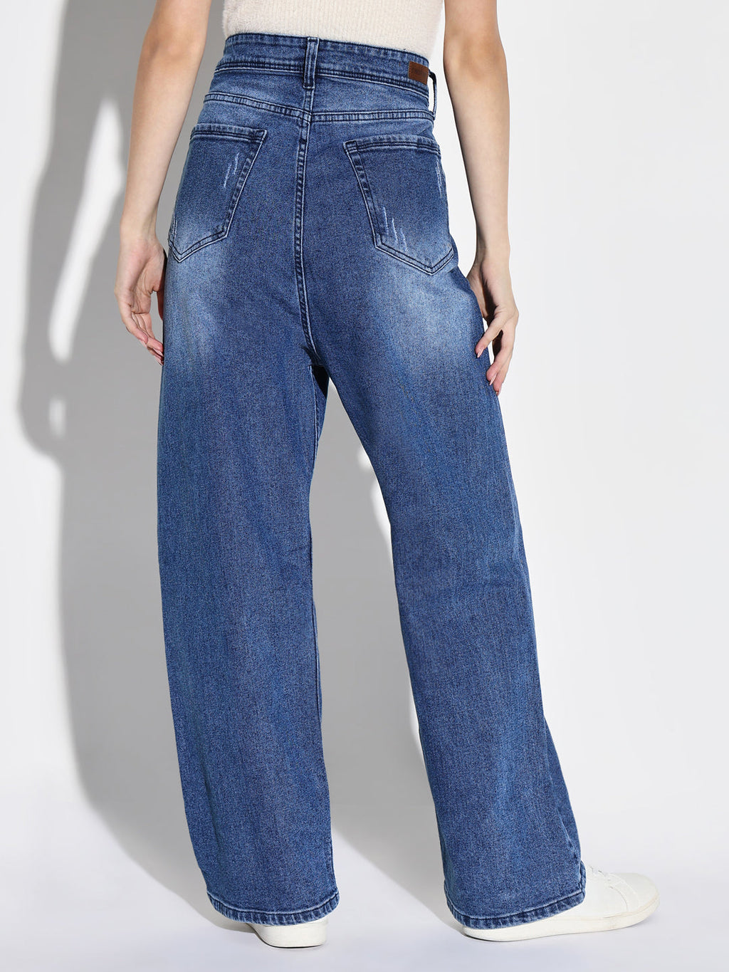 Women's Blue Comfort Wide Leg Low Distress Light Fade Acid Wash Stretchable Jeans