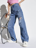 Women's Blue Comfort Wide Leg Highly Distressed Light Fade Jeans