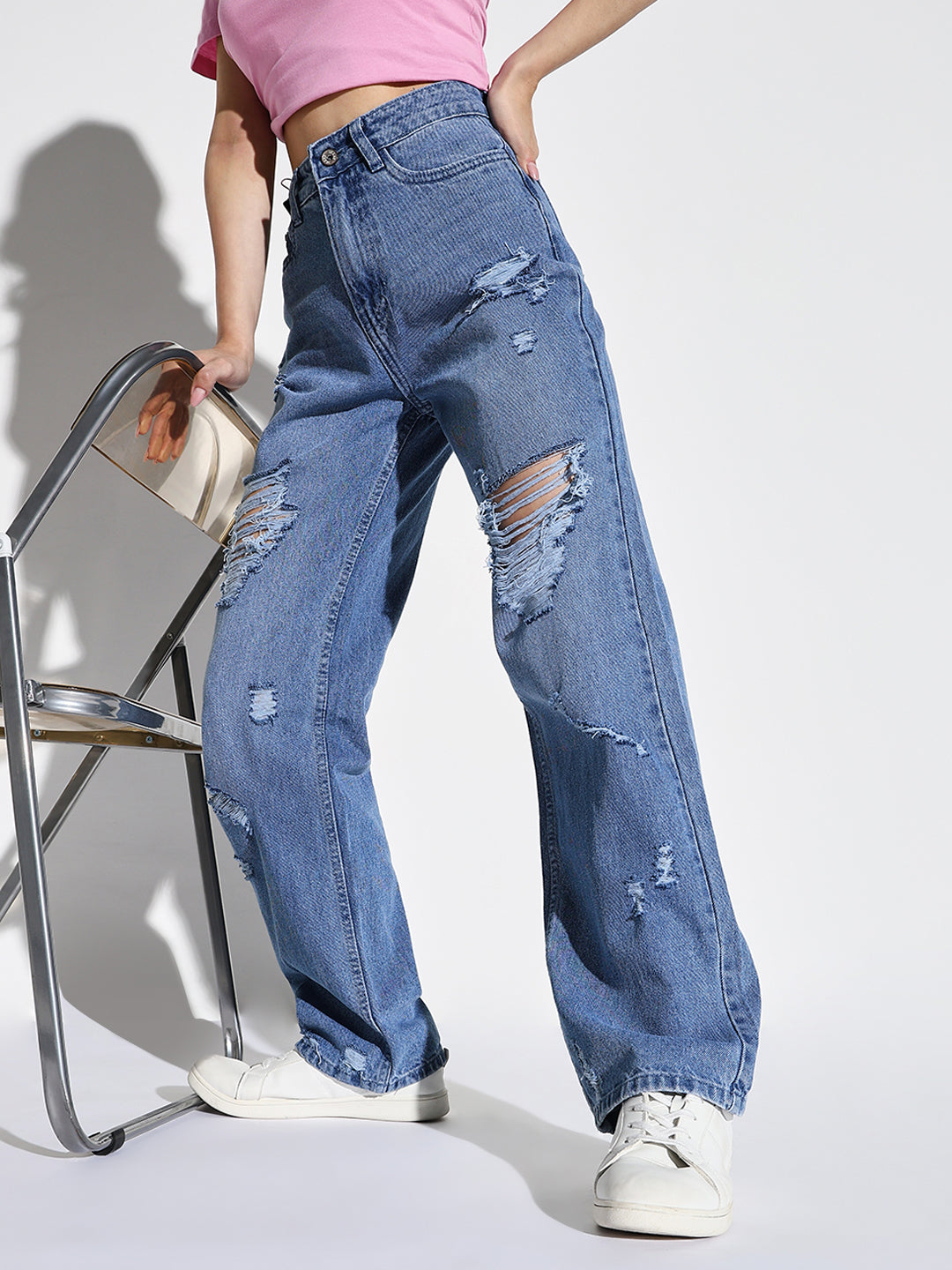 Women's Blue Comfort Wide Leg Highly Distressed Light Fade Jeans
