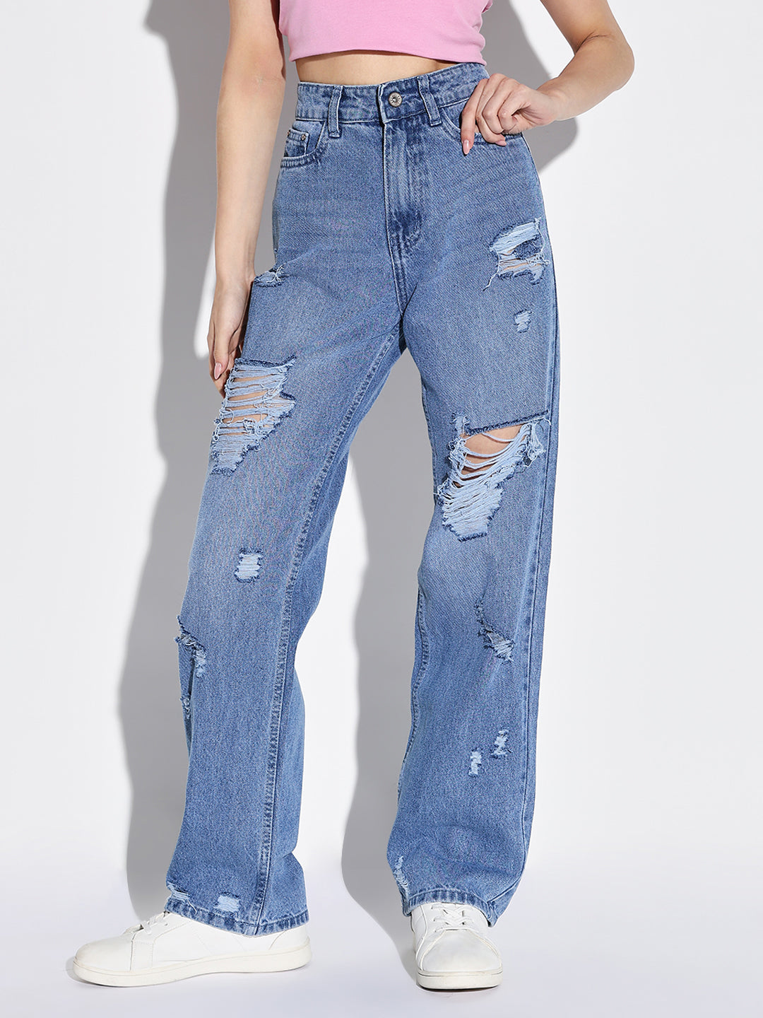 Women's Blue Comfort Wide Leg Highly Distressed Light Fade Jeans
