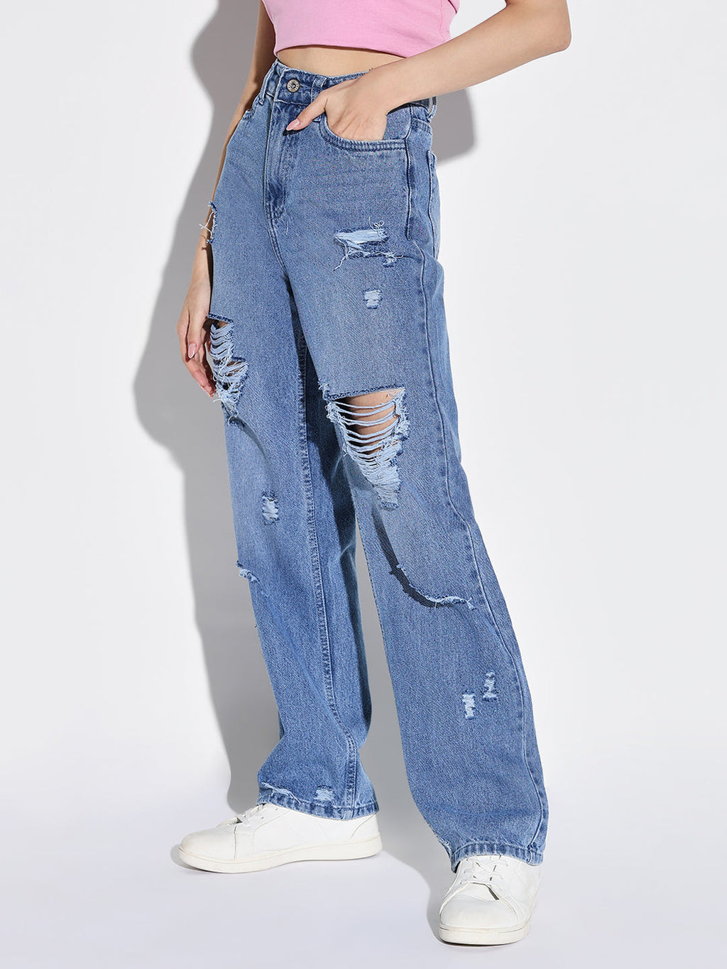 Women's Blue Comfort Wide Leg Highly Distressed Light Fade Jeans