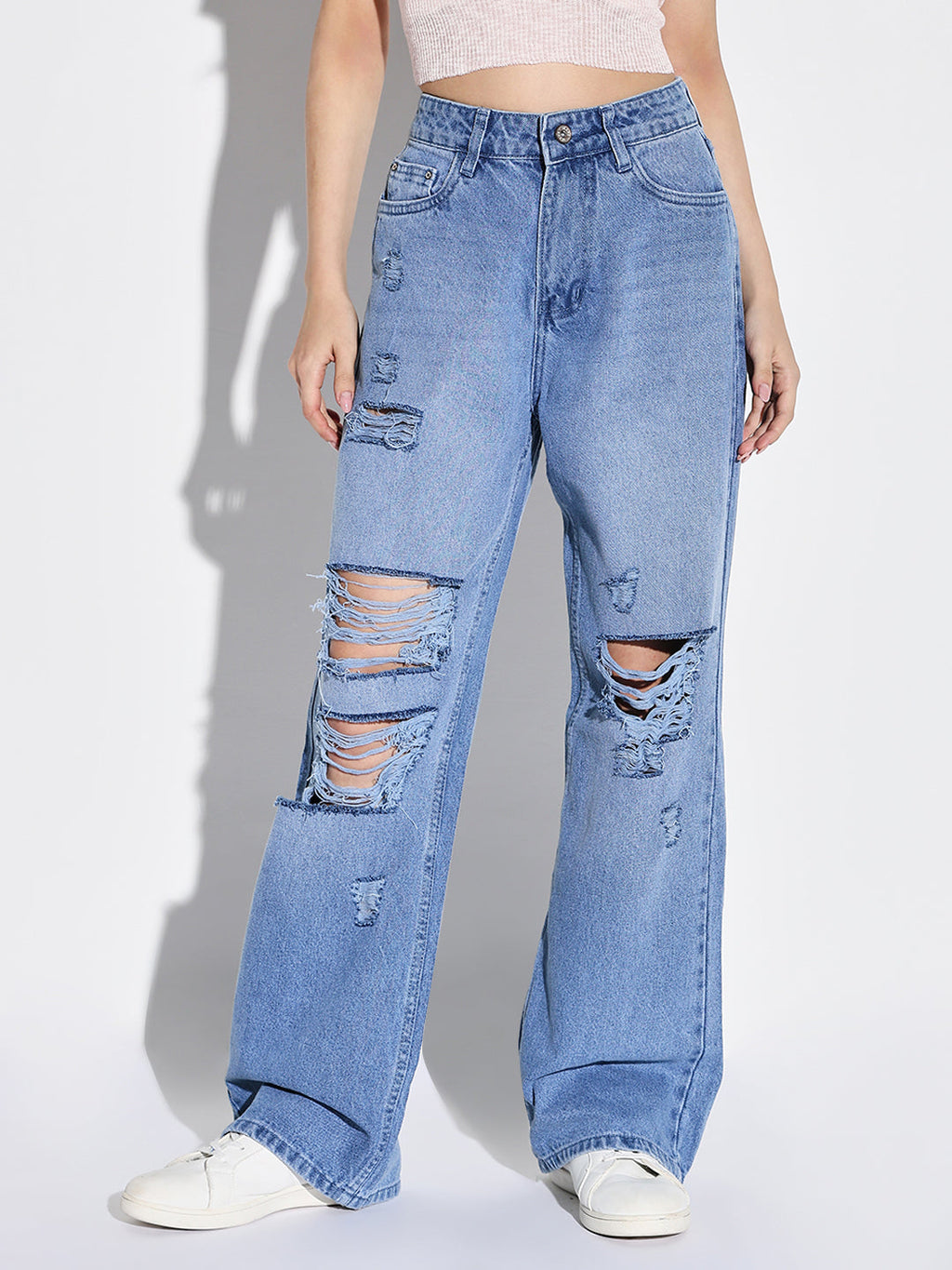 Women's Blue Comfort Wide Leg Highly Distressed Light Fade Acid Wash Jeans