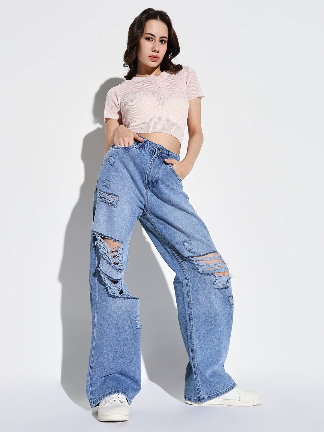 Women's Blue Comfort Wide Leg Highly Distressed Light Fade Acid Wash Jeans