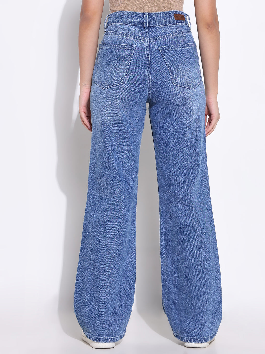 Women's Blue Comfort Wide Leg Highly Distressed Light Fade Acid Wash Jeans