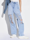 Women's Blue Comfort Wide Leg Highly Distressed Light Fade Jeans