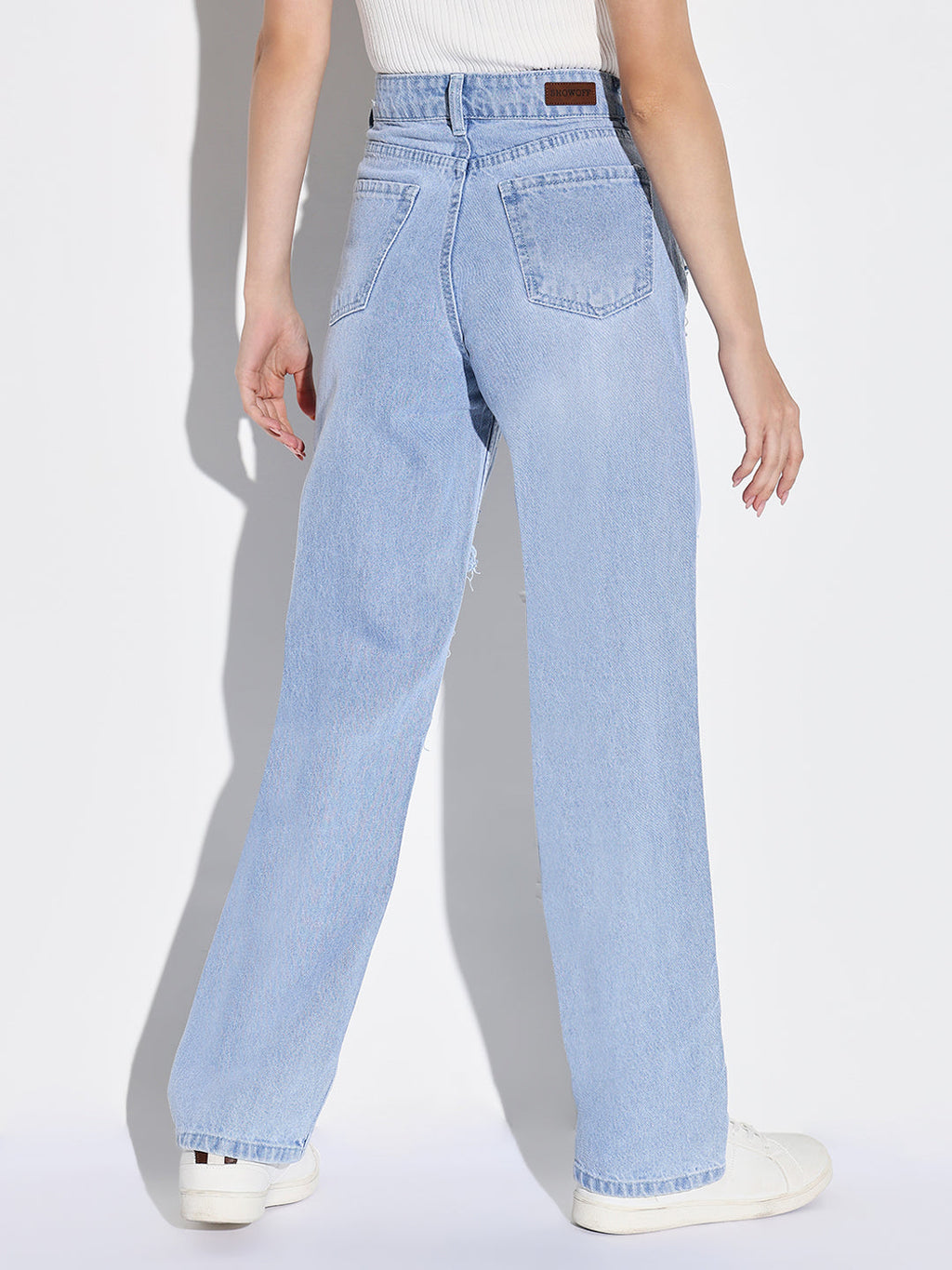 Women's Blue Comfort Wide Leg Highly Distressed Light Fade Jeans