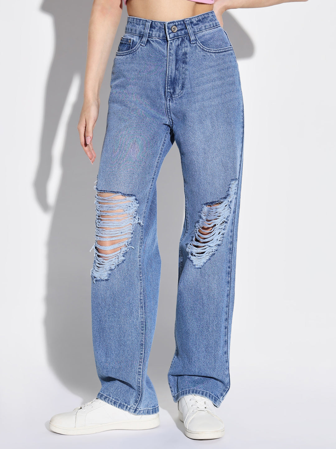 Women's Blue Comfort Wide Leg Highly Distressed Light Fade Acid Wash Stretchable Jeans