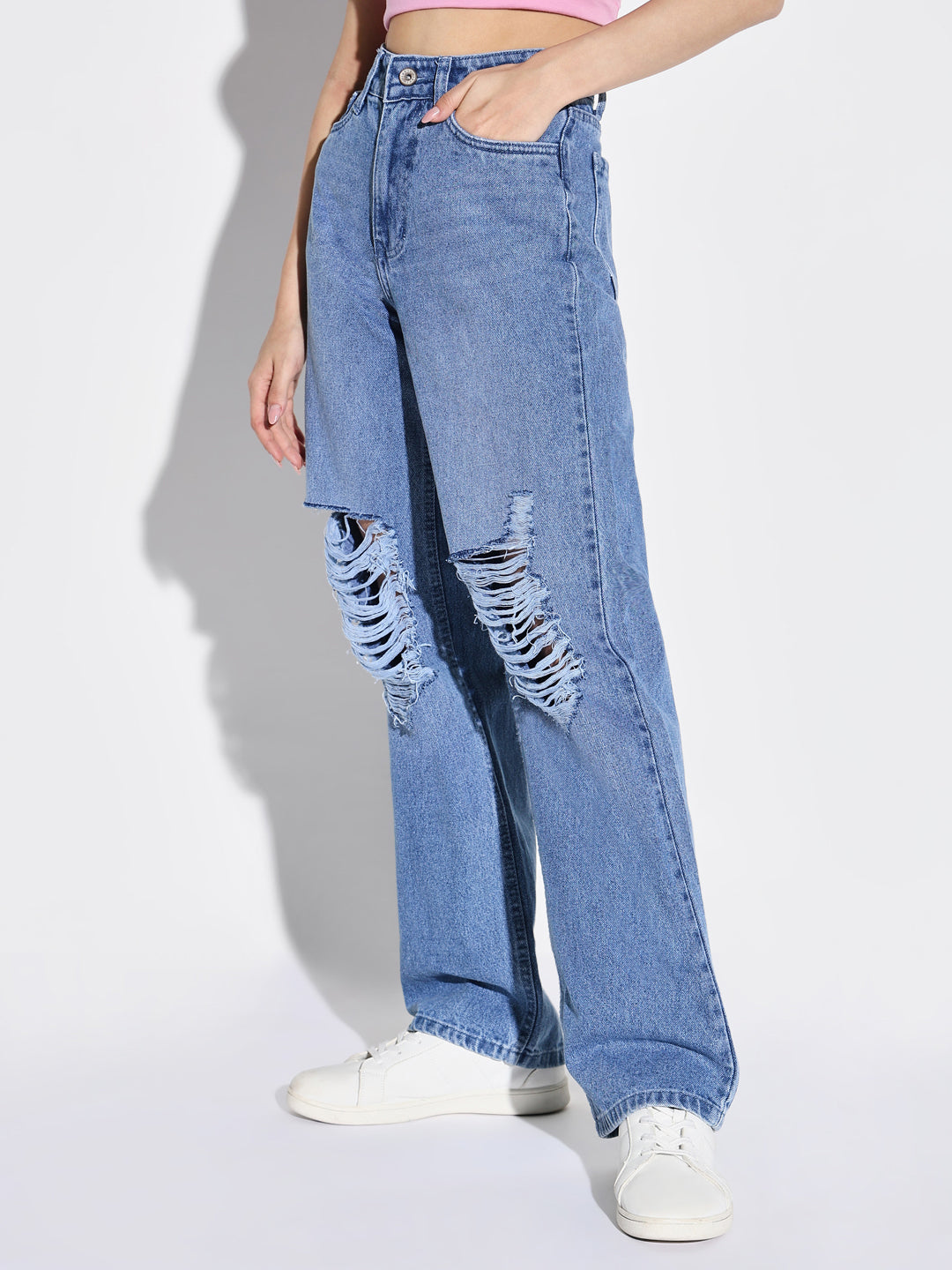 Women's Blue Comfort Wide Leg Highly Distressed Light Fade Acid Wash Stretchable Jeans