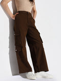 Women's Brown Cotton Comfort Wide Leg Mid-Rise Acid Wash Jeans