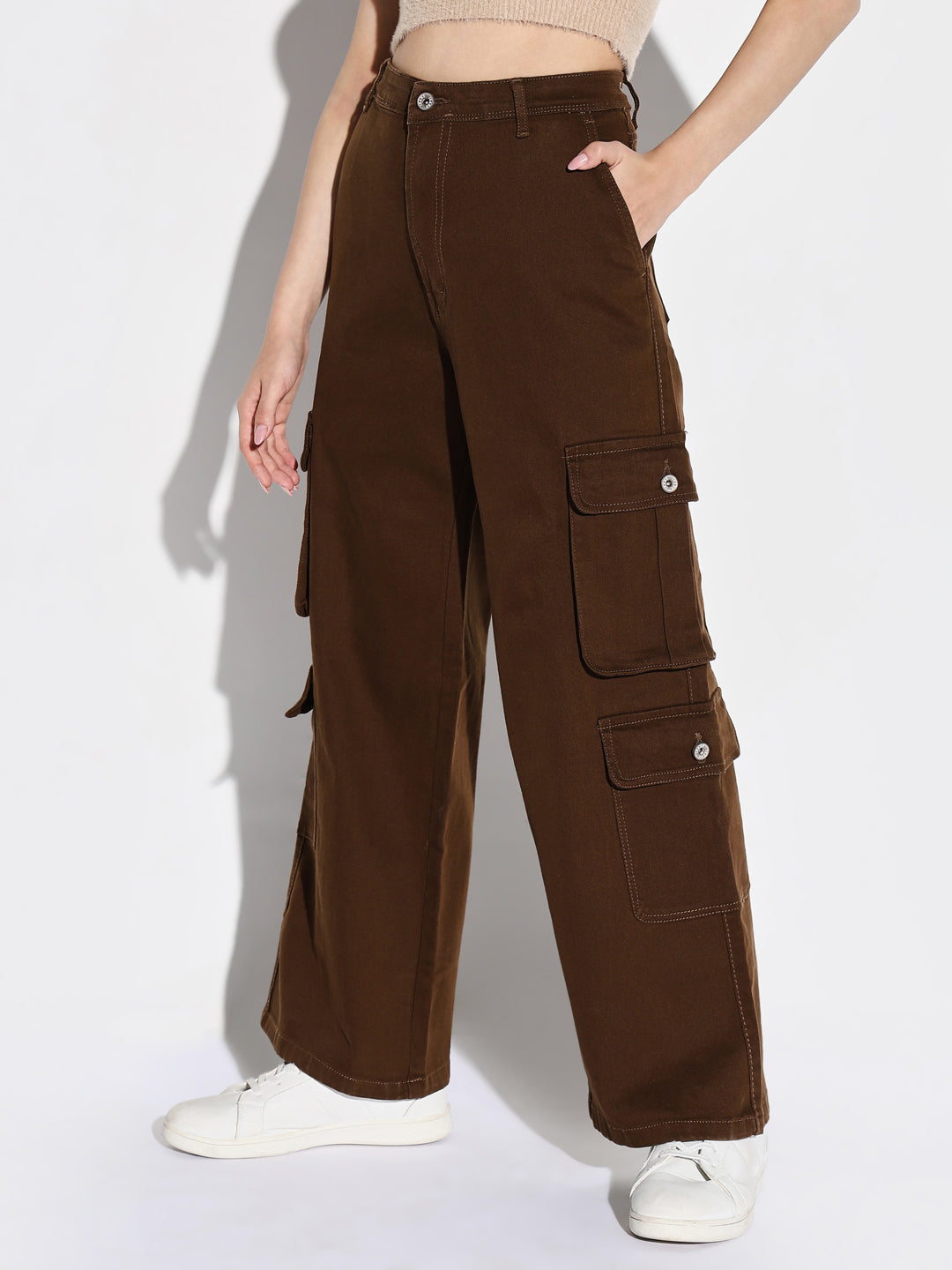Women's Brown Cotton Comfort Wide Leg Mid-Rise Acid Wash Jeans
