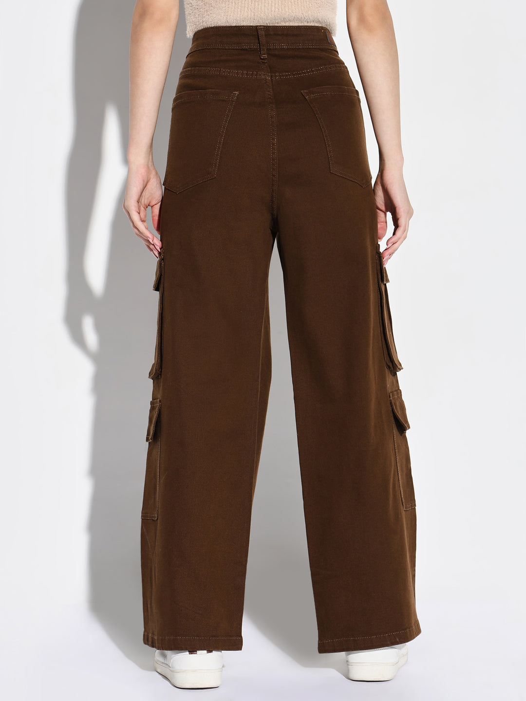 Women's Brown Cotton Comfort Wide Leg Mid-Rise Acid Wash Jeans