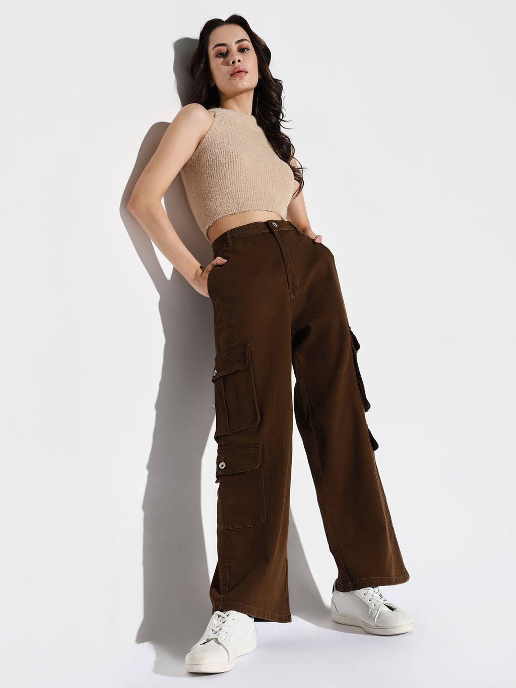 Women's Brown Cotton Comfort Wide Leg Mid-Rise Acid Wash Jeans