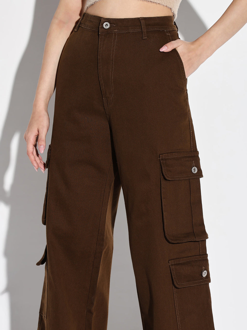 Women's Brown Cotton Comfort Wide Leg Mid-Rise Acid Wash Jeans