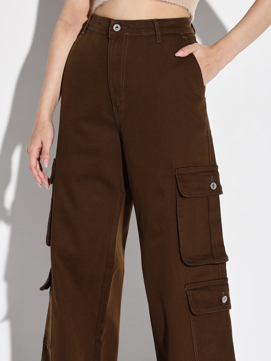 Women's Brown Cotton Comfort Wide Leg Mid-Rise Acid Wash Jeans