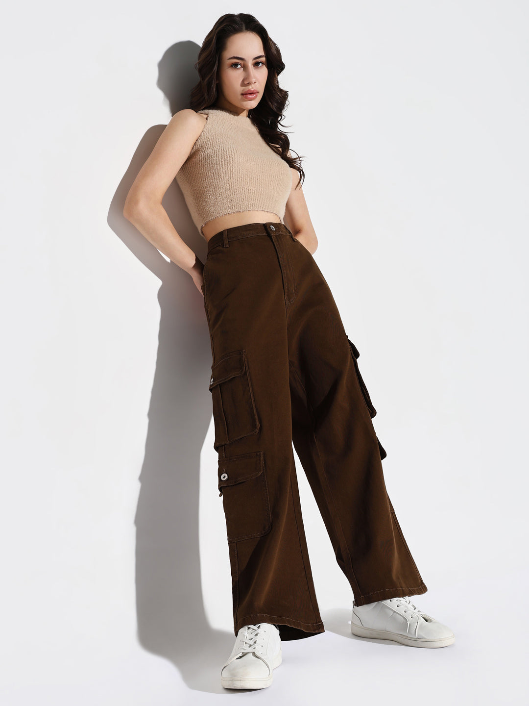 Women's Brown Cotton Comfort Wide Leg Mid-Rise Acid Wash Jeans