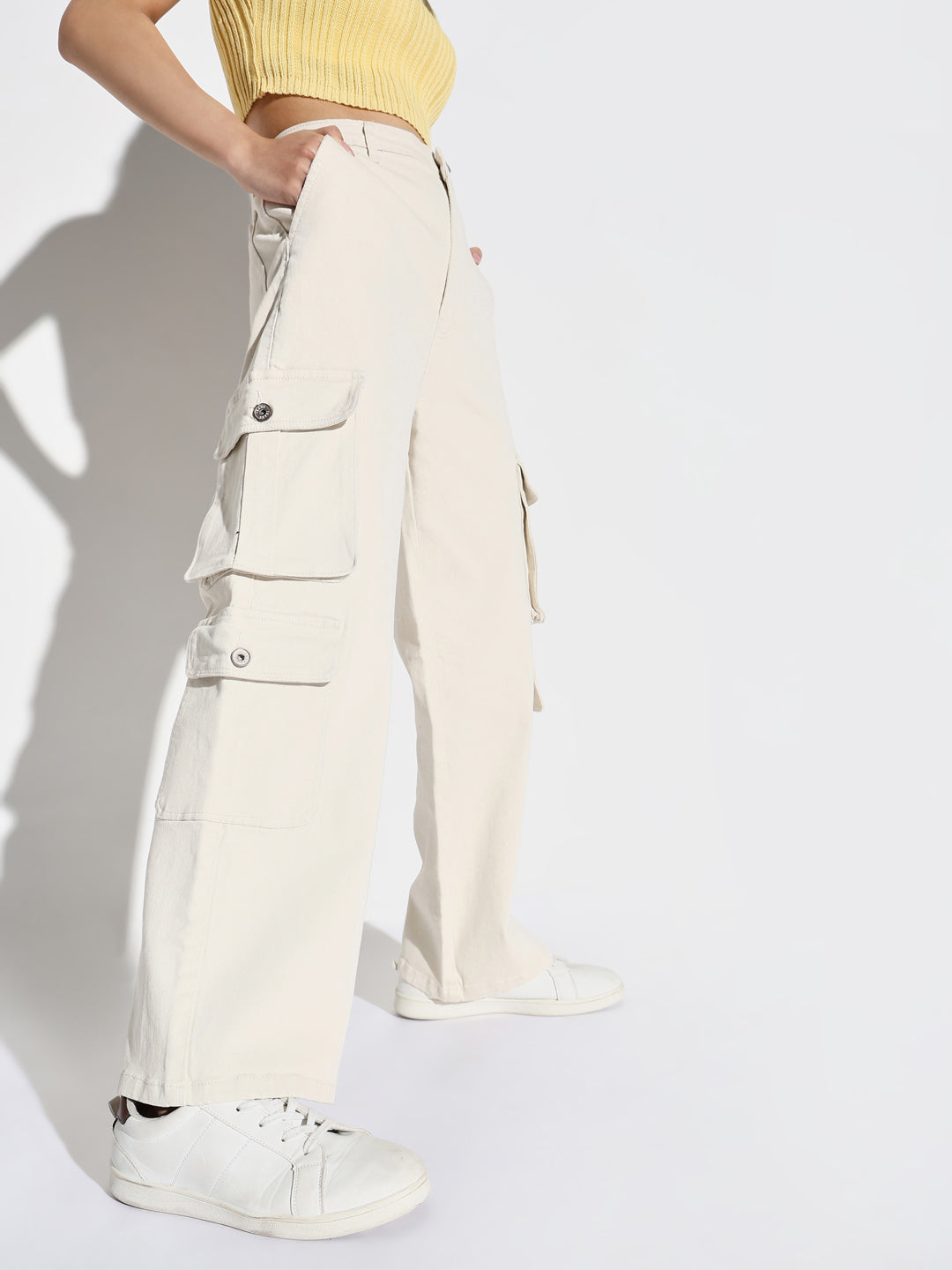 Women's Off White Comfort Wide Leg Mid-Rise Denim Cargo Style Jeans