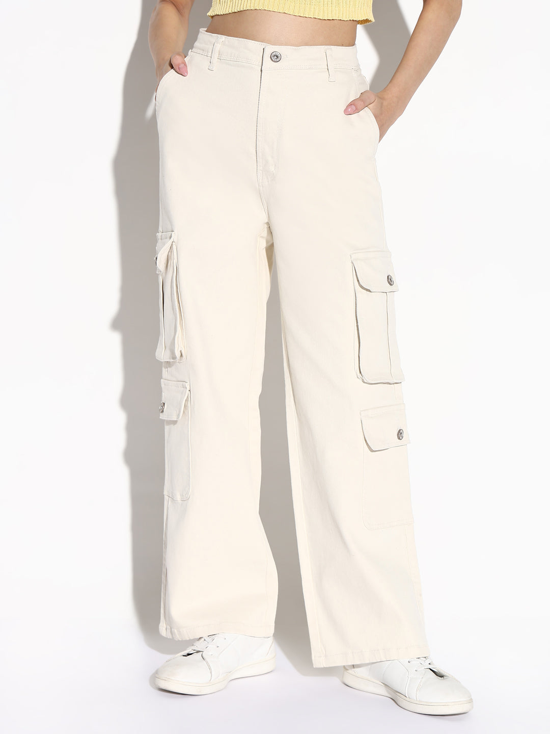 Women's Off White Comfort Wide Leg Mid-Rise Denim Cargo Style Jeans