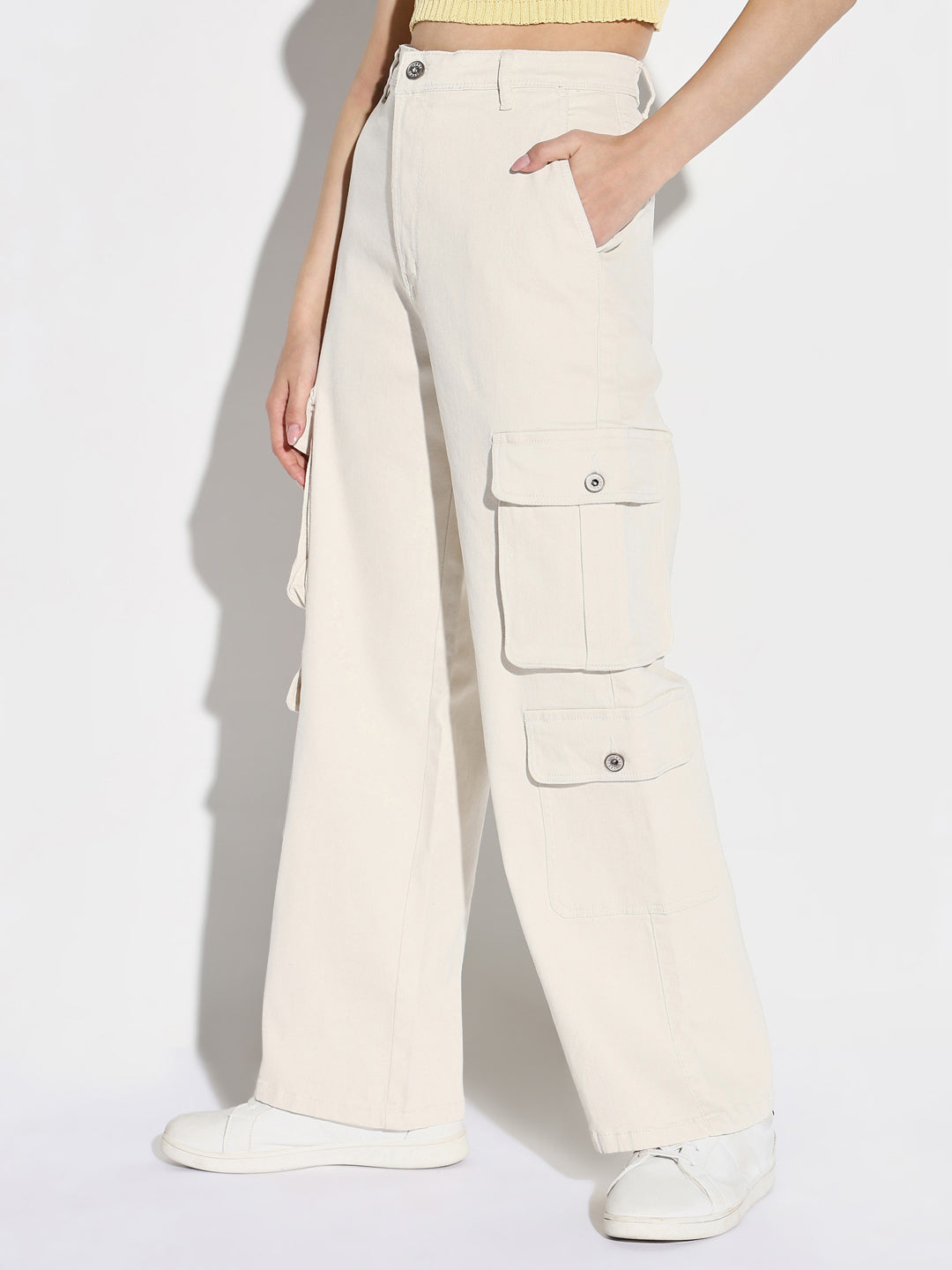 Women's Off White Comfort Wide Leg Mid-Rise Denim Cargo Style Jeans