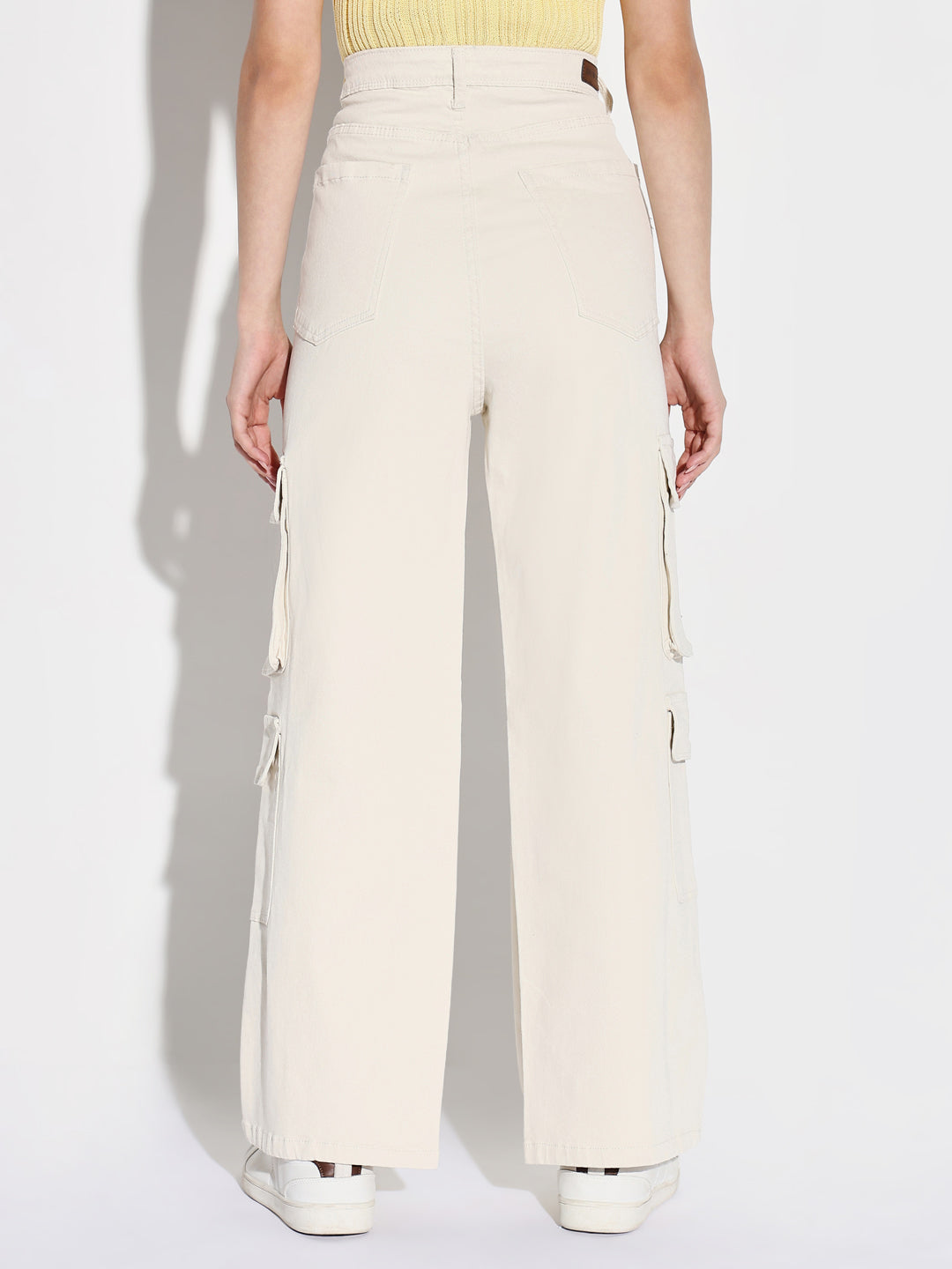Women's Off White Comfort Wide Leg Mid-Rise Denim Cargo Style Jeans