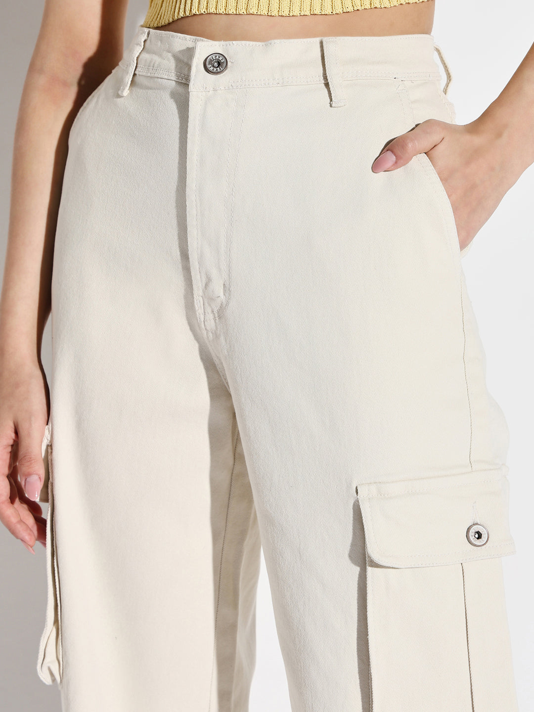 Women's Off White Comfort Wide Leg Mid-Rise Denim Cargo Style Jeans