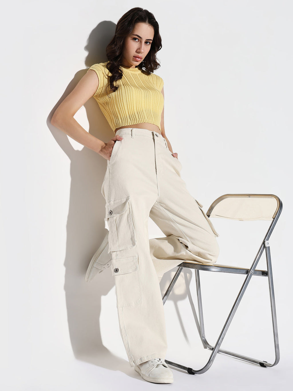 Women's Off White Comfort Wide Leg Mid-Rise Denim Cargo Style Jeans