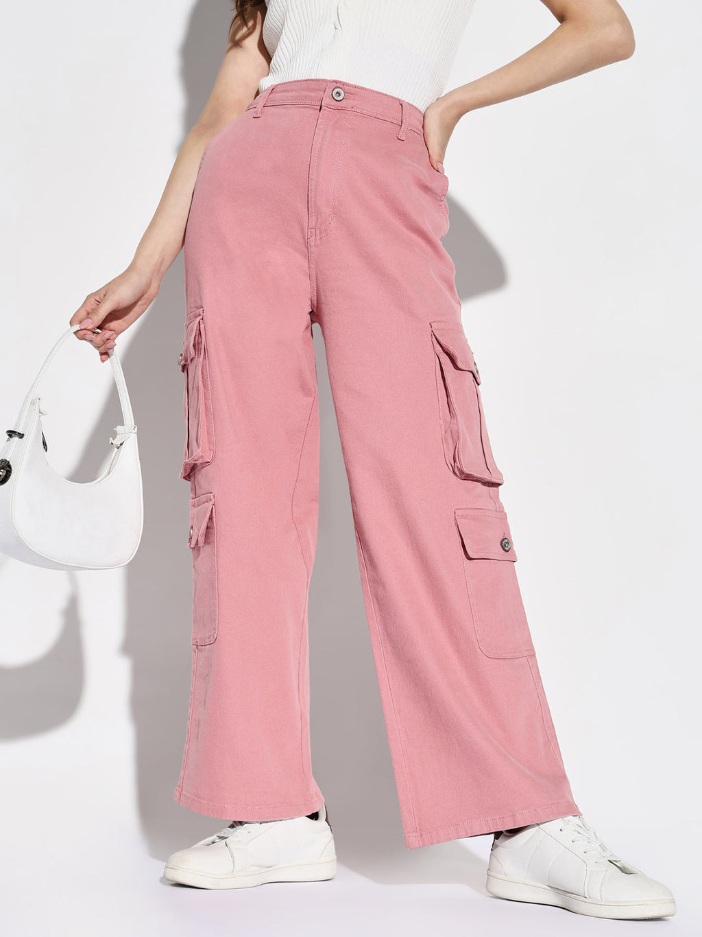 Women's Pink Comfort Mid-Rise Cotton Wide Leg Jeans
