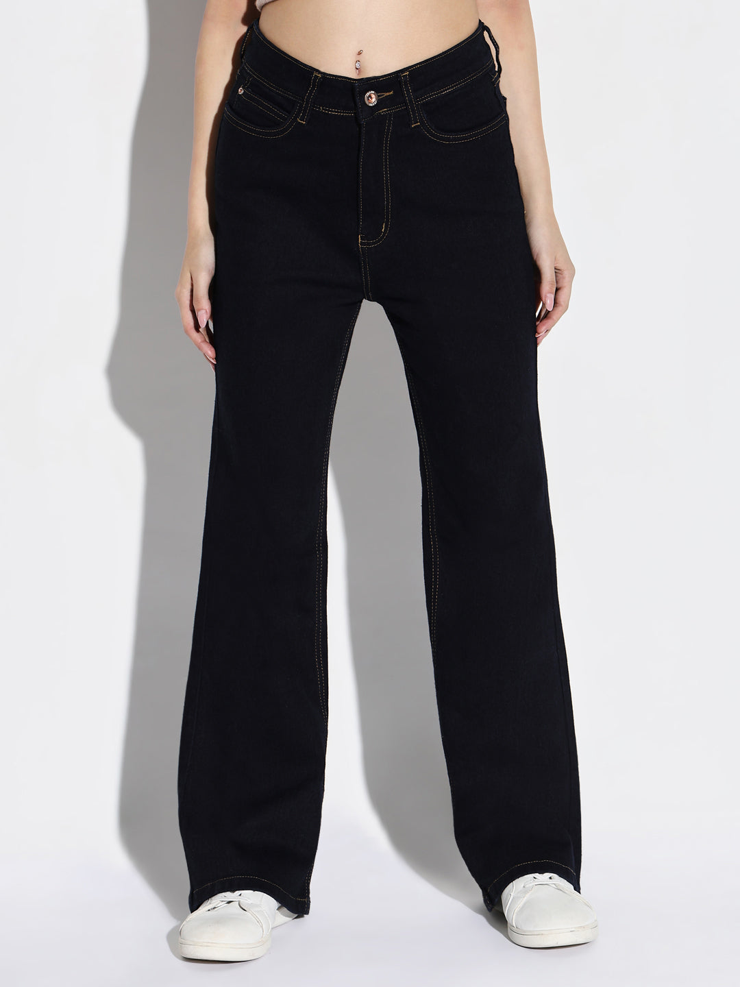 Women's Navy Blue Cotton Comfort Bootcut Stretchable Clean Look Mid-Rise Jeans