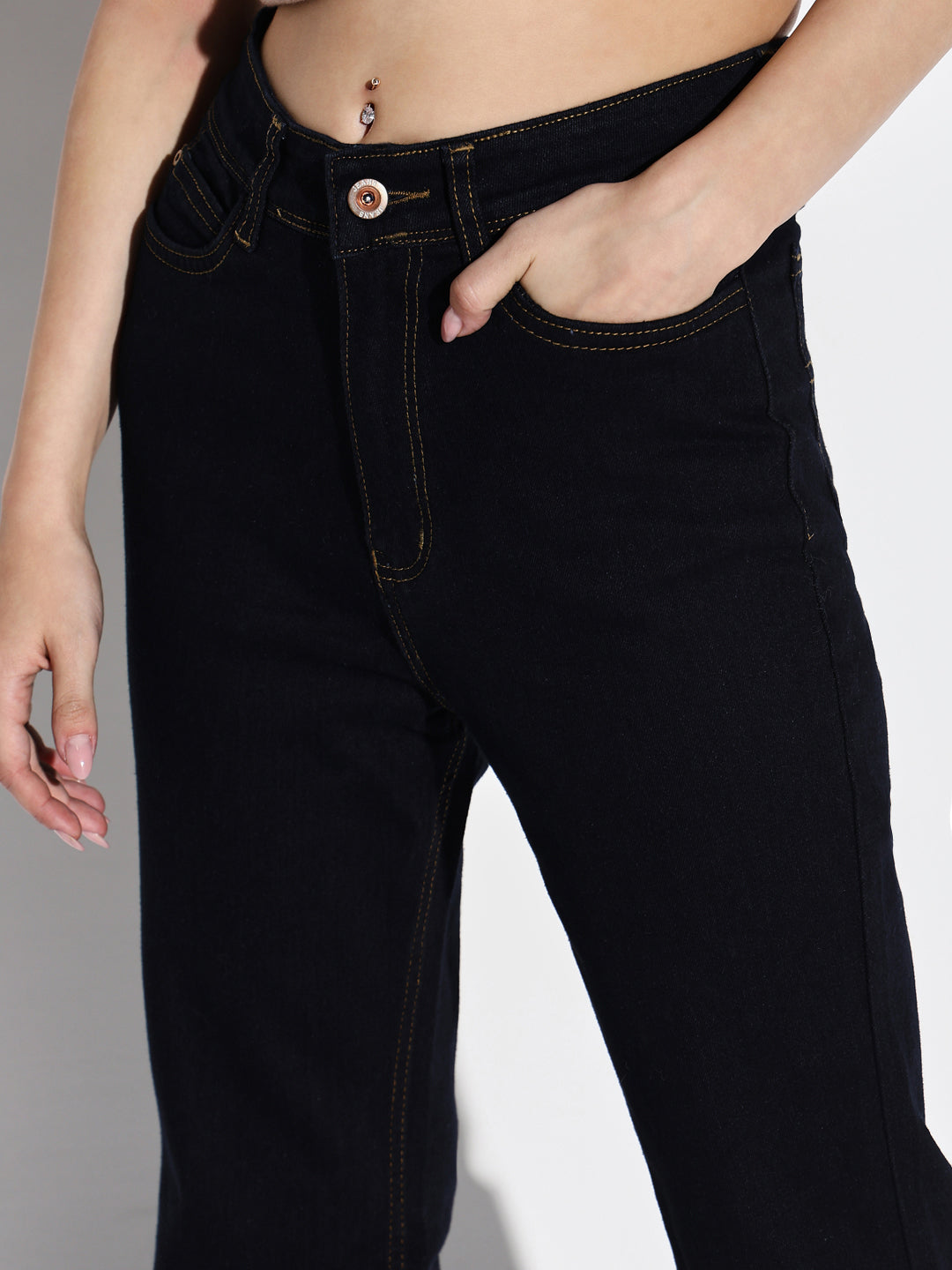 Women's Navy Blue Cotton Comfort Bootcut Stretchable Clean Look Mid-Rise Jeans