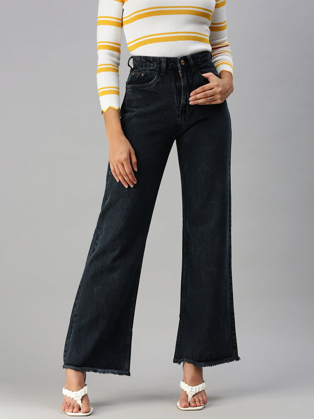 Women's Grey Wide Leg High-Rise Denim Jeans