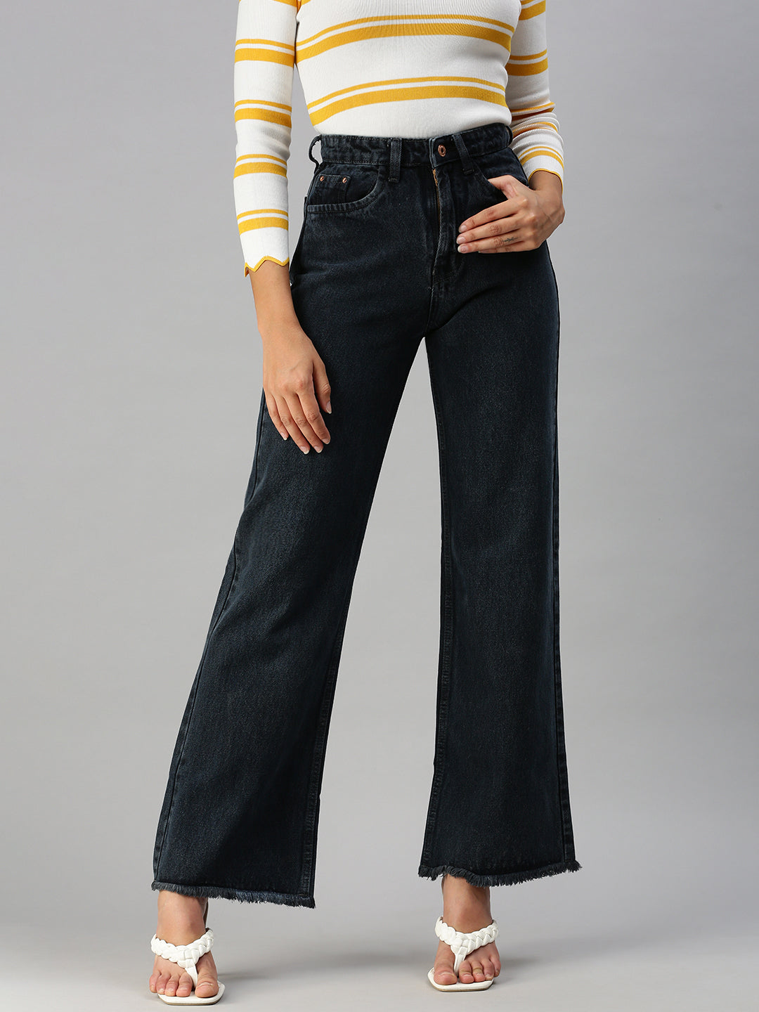Women's Grey Wide Leg High-Rise Denim Jeans